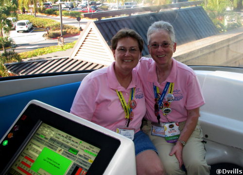 Linda and Deb riding up front in the monorail.