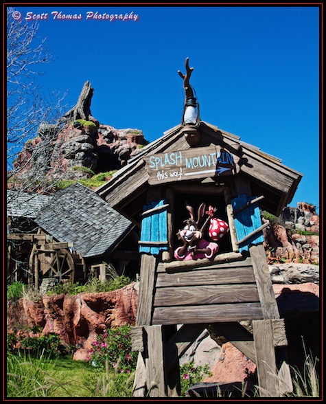 Brer Rabbit points guests to the entrance to Splash Mountain in the Magic Kingdom, Walt Disney World, Orlando, Florida