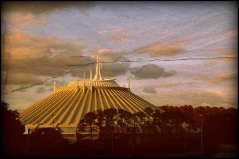 Digitally aged Space Mountain photo taken from the monorail, Walt Disney World, Orlando, Florida.