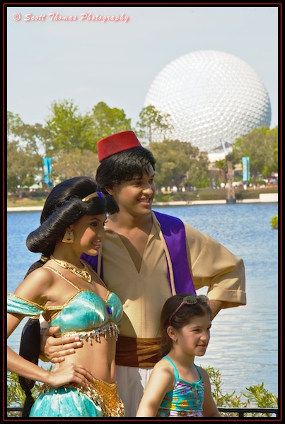 Aladdin with Jasmine in front of Morocco at Epcot's World Showcase,Walt Disney World, Orlando, Florida