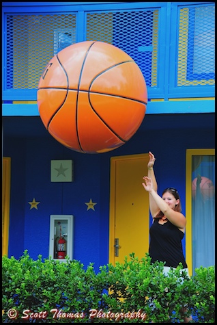 A closeup of my daughter shooting hoops at the All Star Sports Resort, Walt Disney World, Orlando, Florida.