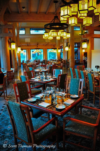 Artist Point restaurant dining room waiting for Wilderness Lodge Resort guests to arrive, Walt Disney World, Orlando, Florida