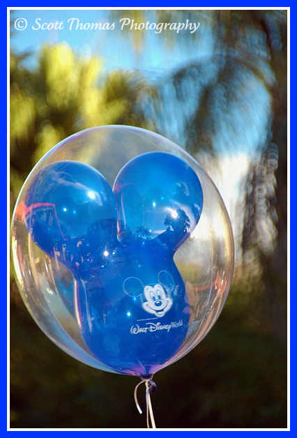 A blue Mickey Mouse balloon in the Magic Kingdom, Walt Disney World, Orlando, Florida