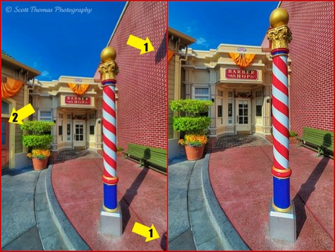 Before and after comparison of the Main Street USA Barber Shop, Walt Disney World, Orlando, Florida