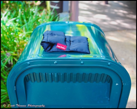 A Cam Pod bean bag sitting on a Disney Quadpod or garbage can, Walt Disney World, Orlando, Florida