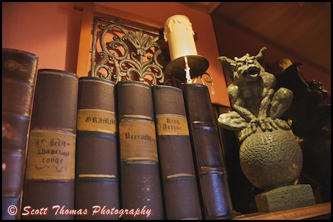 Book shelf in Belle's Library inside the France pavilion in Epcot's World Showcase, Walt Disney World, Orlando, Florida.