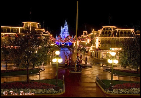 An empty Main Street USA during the Christmas holiday season in the Magic Kingdom, Walt Disney World, Orlando, Florida.