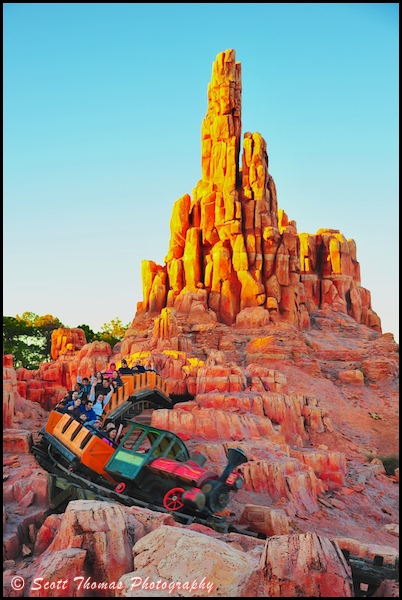 Big Thunder Mountain Railroad thrill ride at sunset in the Magic Kingdom, Walt Disney World, Orlando, Florida.