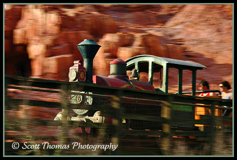 A runaway train on Big Thunder Mountain in the Magic Kingdom, Walt Disney World, Orlando, Florida.