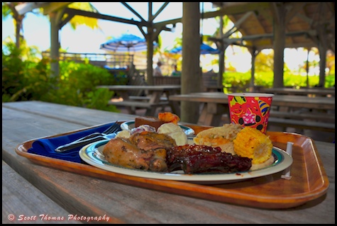 A tray full of food from Cookies BBQ on Castaway Cay.