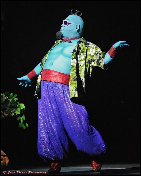 The scene stealing Genie during the musical Believe in the Walt Disney Theatre.