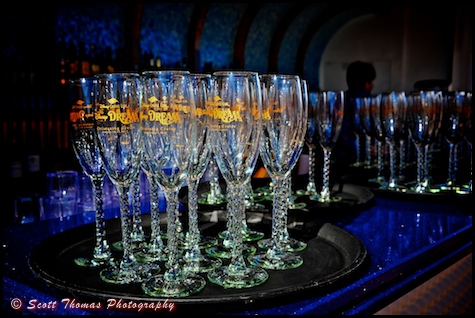 One of a kind Disney Dream Christening Cruise champagne glasses, Disney Cruise Line.