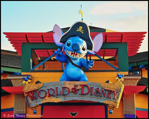 World of Disney shop entrance guarded by Stitch in Downtown Disney, Walt Disney World, Orlando, Florida.