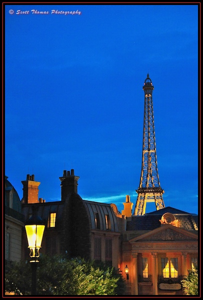 Eiffel Tower in Epcot's France pavilion at dusk, Walt Disney World, Orlando, Florida