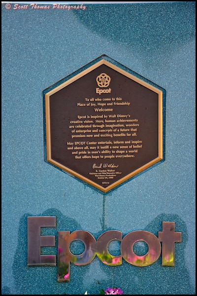 Close up of Epcot's dedication plaque outside the front entrance, Walt Disney World, Orlando, Florida.