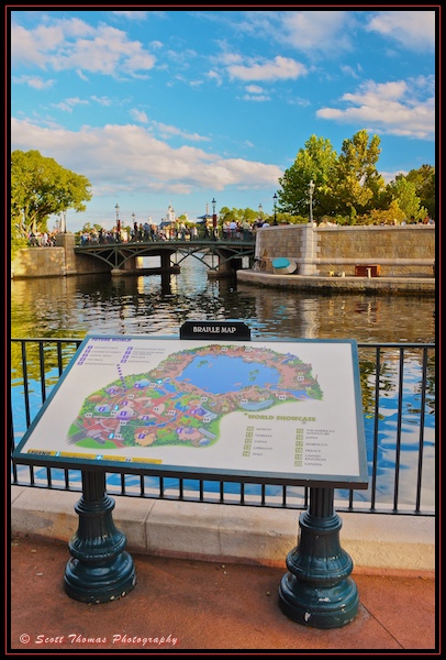 Braille map of Epcot at the International Gateway entrance to World Showcase, Walt Disney World, Orlando, Florida