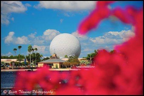 Spaceship Earth from World Showcase in Epcot, Walt Disney World, Orlando, Florida.