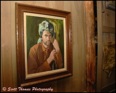 A portrait of Fess Parker as Davy Crockett hangs near Crockett's Tavern found in the Trail's End restaurant located in the Fort Wilderness Campground and Resort, Walt Disney World, Orlando, Florida