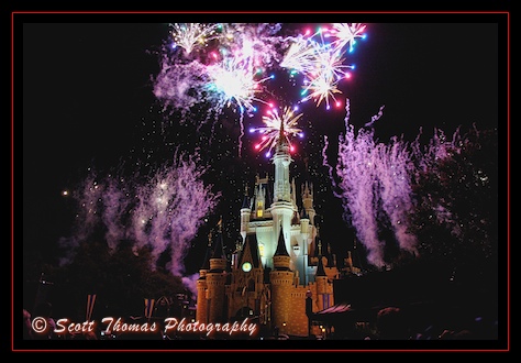 Cinderella's Castle during a performance of Wishes in the Magic Kingdom, Walt Disney World, Orlando, Florida