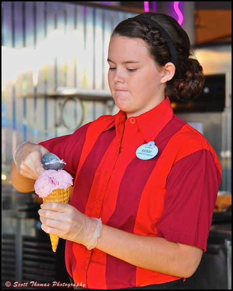 Fountainview Cafe Server making an ice cream cone in Epcot, Walt Disney World, Orlando, Florida.