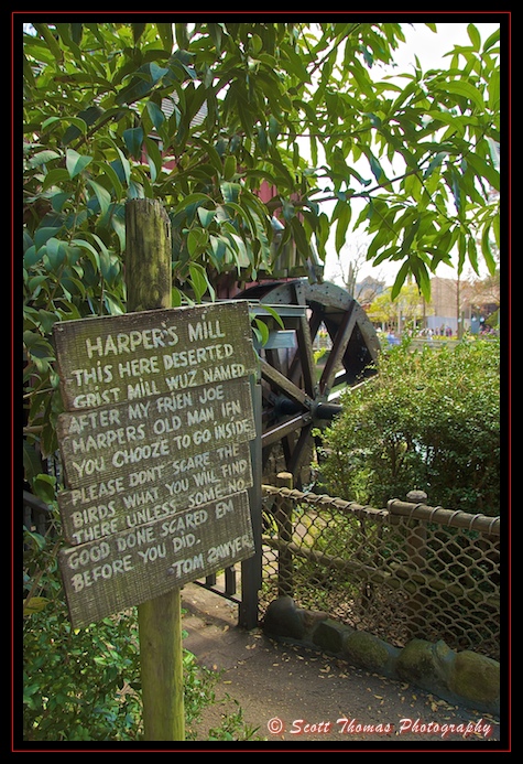 Harper's Mill sign on Tom Sawyer Island in the Magic Kingdom, Walt Disney World, Orlando, Florida