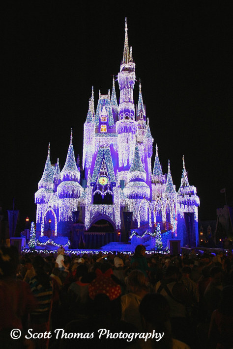 Cinderella Castle all decked out in her holiday finest in the Magic Kingdom, Walt Disney World, Orlando, Florida.