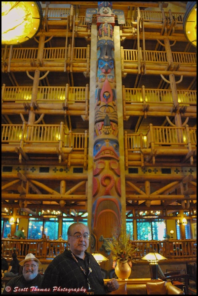 Jim Korkis telling the story of the totem pole at Disney's Wilderness Lodge resort, Walt Disney World, Orlando, Florida.