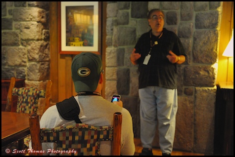 Jim Korkis talking in the Carolwood Pacific Room in the Villas at Disney's Wilderness Lodge resort, Walt Disney World, Orlando, Florida.