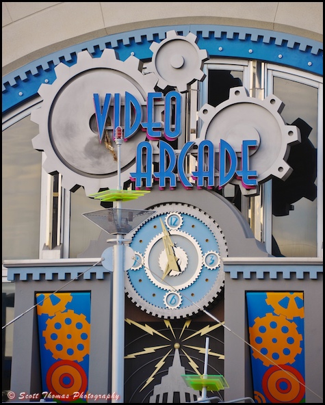 Video Arcade sign and clock next to Tomorrowland's Space Mountain in the Magic Kingdom, Orlando, Florida.