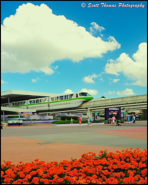 Monorail leaves the Ticket and Transportation Center station, Walt Disney World, Orlando, Florida.