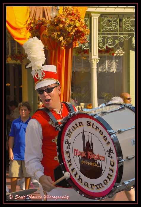Main Street Philharmonic Band drummer in the Magic Kingdom, Walt Disney World, Orlando, Florida
