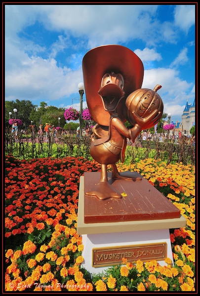 Musketeer Donald statuette in the Magic Kingdom for Halloween, Walt Disney World, Orlando, Florida