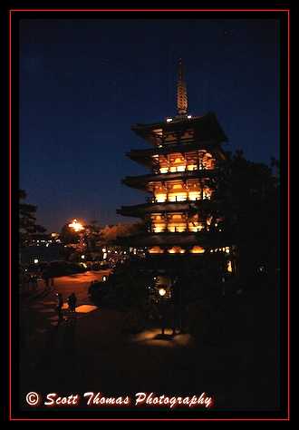 Japan's Gojunoto Pagoda at night in Epcot's World Showcase Walt Disney