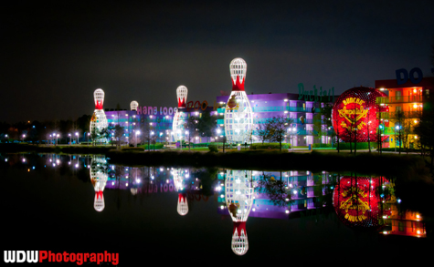 Pop Century Resort at night, Walt Disney World, Orlando, Florida.