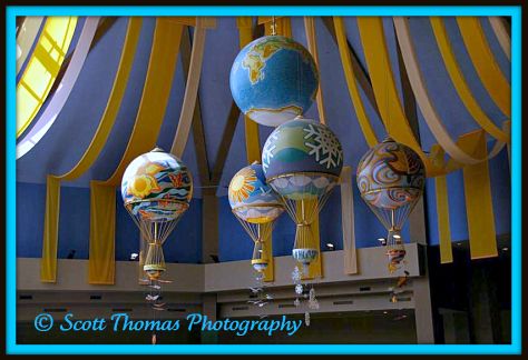 The five balloons hanging from The Land pavilion's ceiling in Epcot, Walt Disney World, Orlando, Florida.