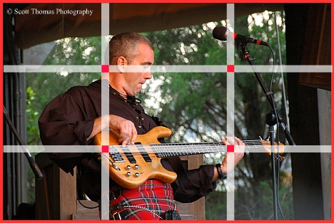 A photo of Off Kilter's Bassist, Mark Weldon, used to demonstrate the rule of thirds in Epcot's Canada pavilion, Walt Disney World, Orlando, Florida