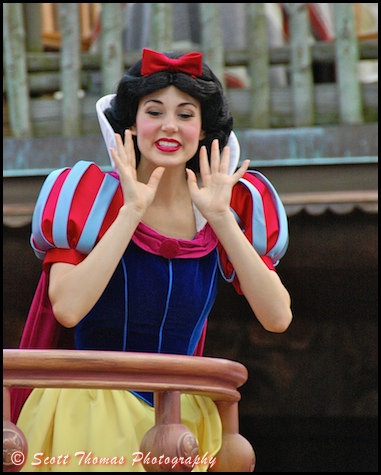 Snow White blowing a kiss during the Celebrate a Dream Come True Parade in the Magic Kingdom, Walt Disney World, Orlando, Florida