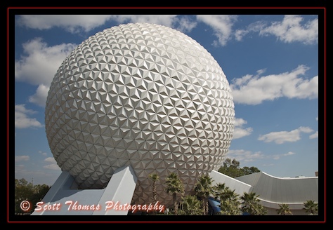 Spaceship Earth as seen from the Monorail in Epcot, Walt Disney World, Orlando, Florida