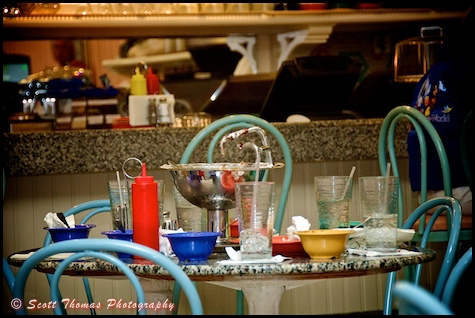 Remnants of a Kitchen Sink sundae on a table in the Beaches and Cream restaurant, Walt Disney World, Orlando, Florida