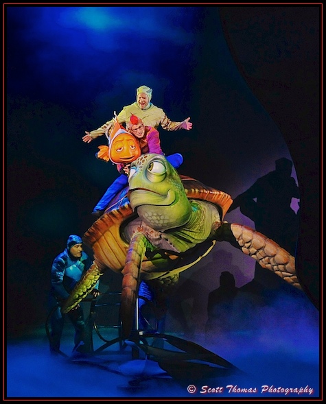 Crush sings to Marlin in the Disney's Animal Kingdom production of Finding Nemo: The Musical, Walt Disney World, Orlando, Florida