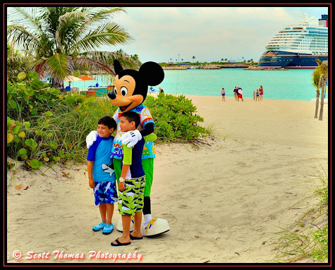 Mickey Mouse making friends on Castaway Cay during a Disney Dream cruise, Disney Cruise Line, Bahamas