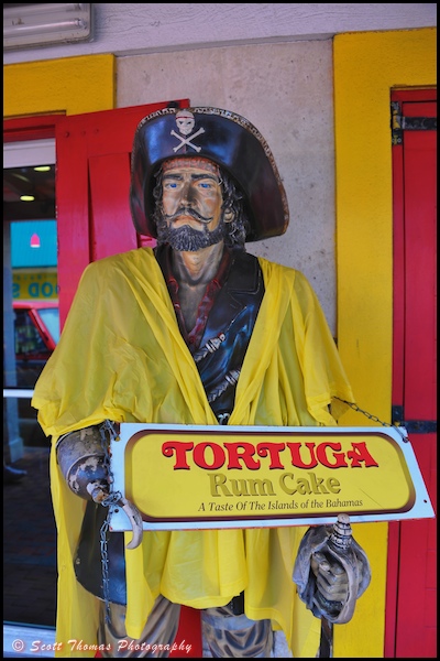 Pirate mannequin advertising Tortuga Rum Cake in Nassau, Bahamas