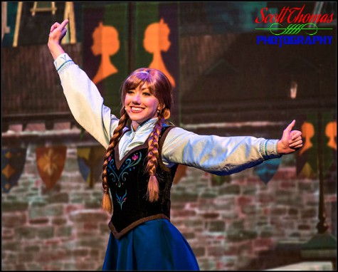 Princess Anna during the For the First Time in Forever: Frozen Sing-Along Celebration stage show in the Hyperion Theater at Disney's Hollywood Studios, Walt Disney World, Orlando, Florida