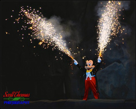 Mickey Mouse fireworks during the Fantasmic! stage show at the Hollywood Hills Amphitheater in Disney's Hollywood Studios, Walt Disney World, Orlando, Florida