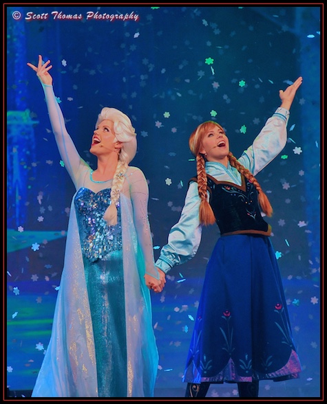 Elsa and Anna performing in the For the First Time in Forever: A Frozen Sing-along Celebration at Disney's Hollywood Studios, Walt Disney World, Orlando, Florida