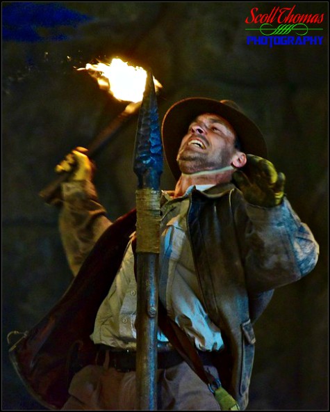Actor avoids a spear during the Indiana Jones Epic Stunt Spectacular in Disney's Hollywood Studios, Walt Disney World, Orlando, Florida