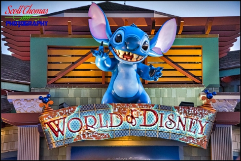Stitch above one of the entrances to the World of Disney store at Disney Springs, Walt Disney World, Orlando, Florida