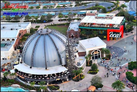 Planet Hollywood Observatory restaurant and the Coca-Cola Store at Disney Springs from the Characters In Flight Balloon, Walt Disney World, Orlando, Florida
