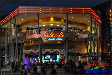 Splitsville Luxury Lanes restaurant and bowling alley at night in Disney Springs, Walt Disney World, Orlando, Florida