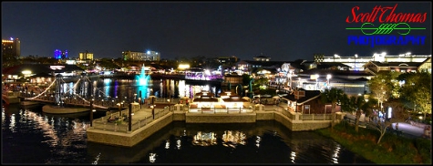 View of Disney Springs Marketplace from the top deck of the Paddlefish restaurant at night, Walt Disney World, Orlando, Florida